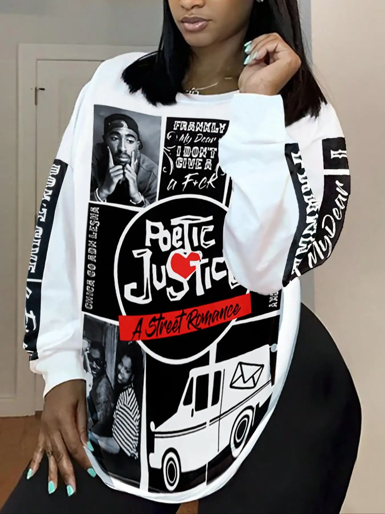 Women's Figure & Letter & Heart Print Long Sleeve Sweatshirt, Casual Round Neck Pullover for Daily Wear, Ladies 90s Clothes for Fall & Winter 90S Clot