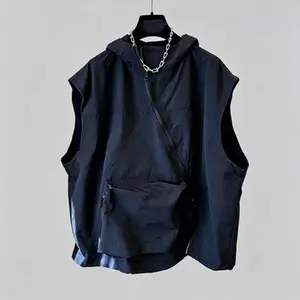 Unisex Loose Casual Asymmetric Diagonal Zipper Big Pocket Hooded Cargo Ves, Men's Summer Casual T-Shirt, Sleeveless Solid Color Top