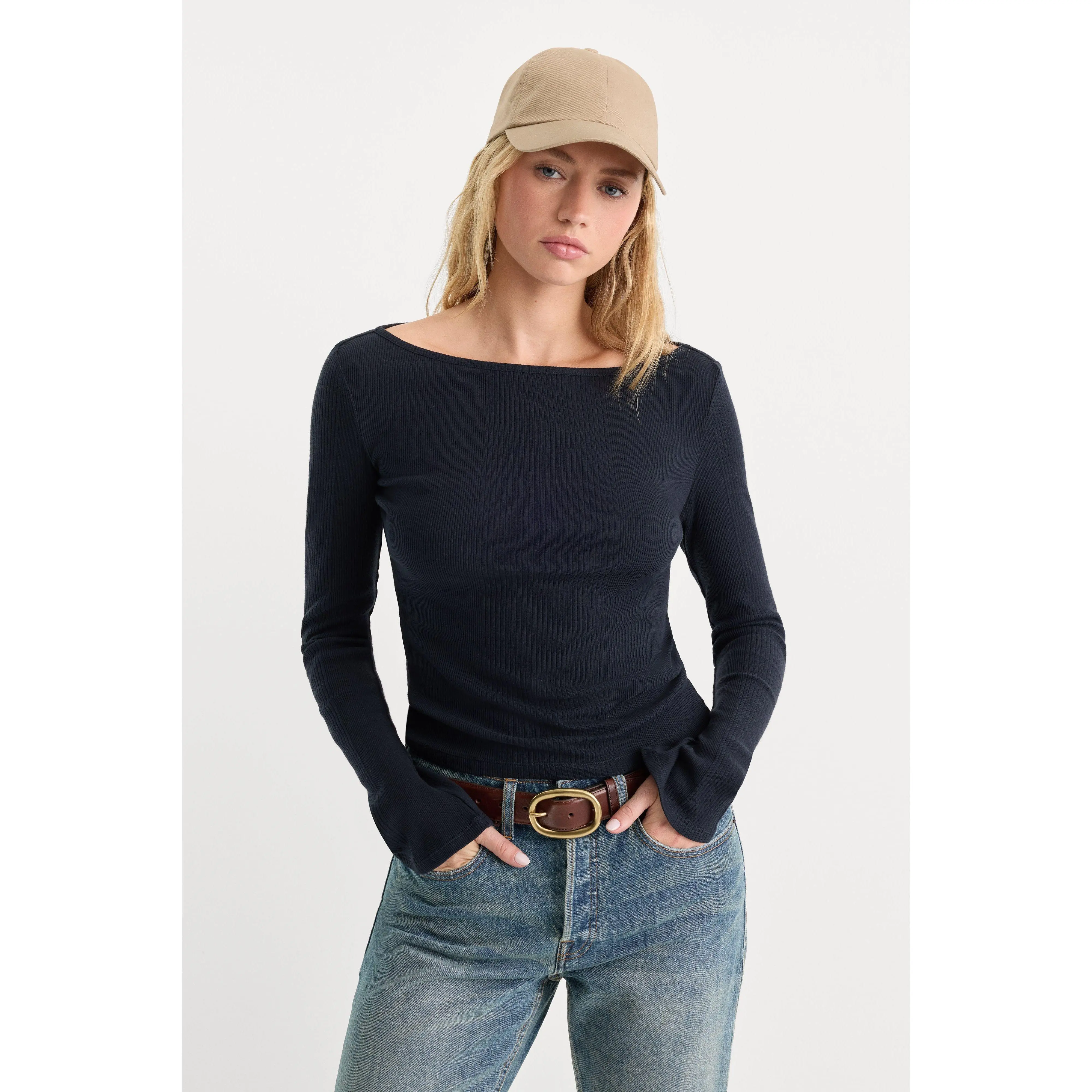 THE VARIEGATED RIB LONG SLEEVE TOP | NEW NAVY002