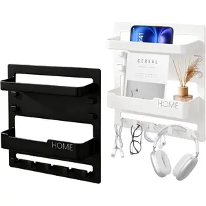 Bedside Shelf Wall Mount, Adhesive Bedside ShelfAccessories Organizer Girls Room Decor Plastic ShelfOrganizer-5 Hooks Style Storage for Phone, Remote,Earphone, Kindle, Glasses