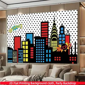 Retro Pop Super Hero City Comic Photography Background Banner, made of polyester material, suitable for photo booths, parties, birthdays, celebrations, as well as indoor and outdoor home birthday party decoration, home decoration, room decoration