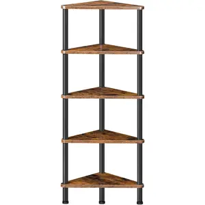 HOOBRO Corner Shelf Stand, Industrial 5-Tier Corner Bookshelf with Metal Frame, Plant Display Shelf, Small Bookcase for Small Spaces, Bedroom, Living Room, Rustic Brown BF33CJ01
