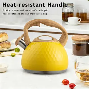 3L Whistling Tea Kettle Stainless Steel Tea Pot with Wood-Style Folding Handle, Whistle Kettle for Brewing Tea and Coffee Organiser,Yellow