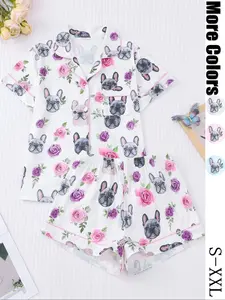 Women's  Dog and Floral  Print Shirt & Elastic Waist Shorts Pyjama Two-piece Set, Casual Comfy Short Sleeve  Top & Shorts Pj Set, Ladies Loungewear Sleepwear for All Seasons