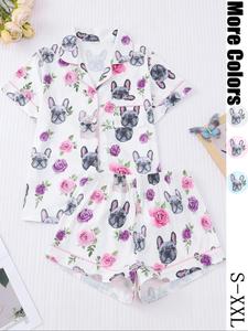 women's  dog and floral  print shirt & elastic waist shorts pyjama two-piece set, casual comfy short sleeve  top & shorts pj set, ladies sleepwear for all seasons