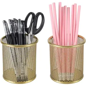 Pencil Holder for Desk, 2 Pack Desktop Pen Cup, Office Supplies Desk Organizers and Accessories Organization, Makeup Brush Holder, Gold