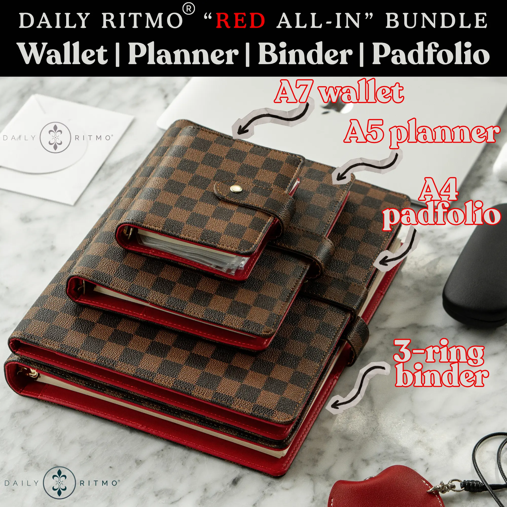 DAILY RITMO Red ALL-IN Bundle - A7 Mini Wallet, A5 Planner, 3-Ring Binder, A4 Padfolio