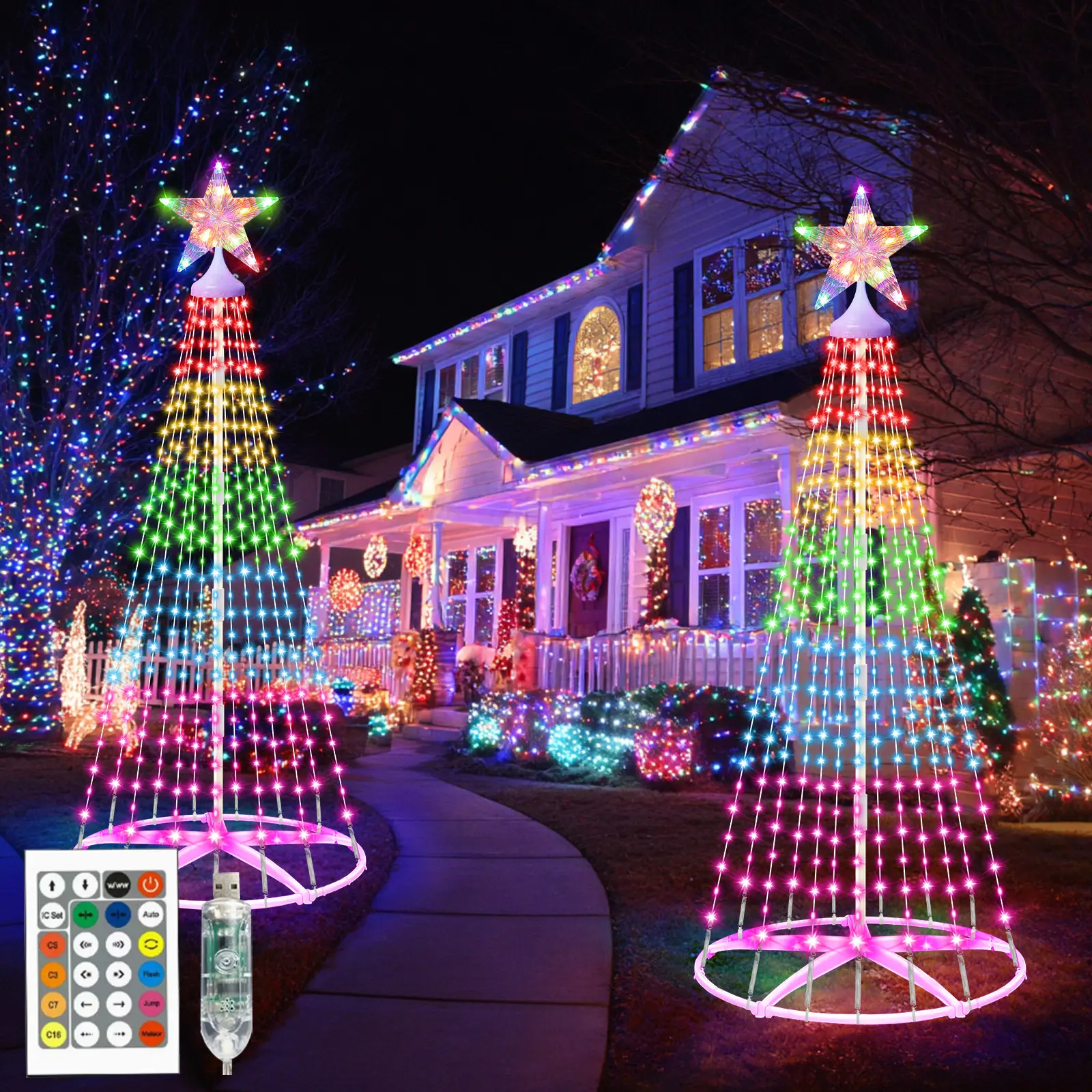 6-ft Cone-Shaped Christmas Tree with Star Top, 228 LED Lights & Remote Control, Outdoor/Indoor Lighting Decor for Patios, Porches