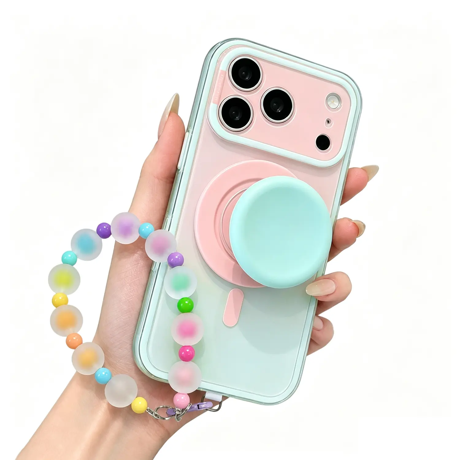 MagSafe Magnetic Grip Stand Lanyard Case for iPhone 18 17 16 15 14 Pro Max, Macaron Dopamine Gradient Color Block Soft TPU Shockproof Protective Cover, Wireless Charging Compatible, Cute Trendy Summer Phone Case