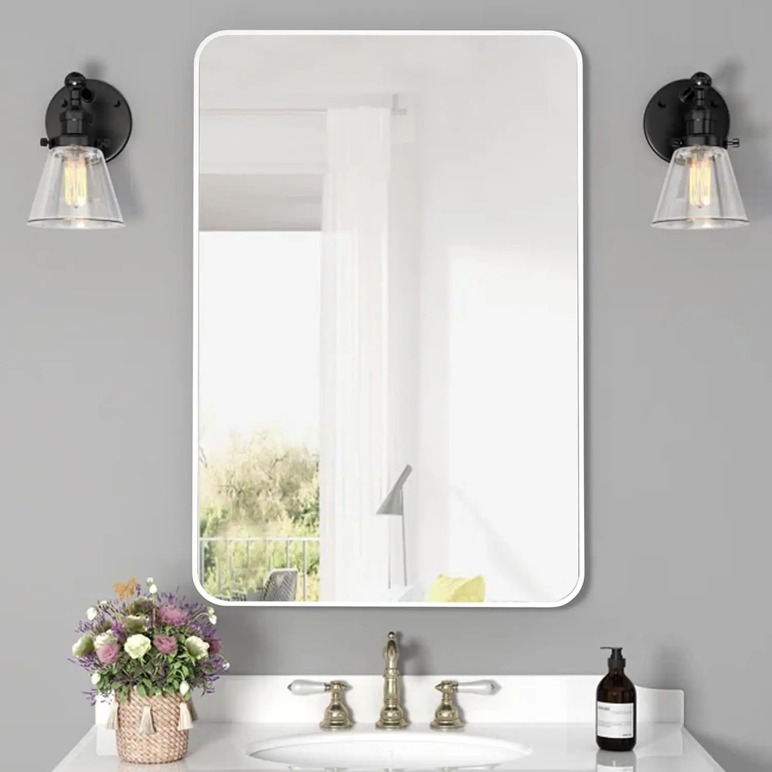 20x30 Inch White Framed Bathroom Mirror for Wall | Tempered Glass, Vanity , Horizontal & Vertical Mount, Modern Bedroom Living Room Decor