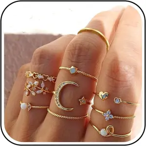 HUASAI Gold Ring Set for Women Stackable Rings Dainty Knuckle Midi Rings Adjustable Non Tarnish Cute Minimalist Jewelry Pack