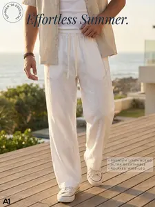 A1 Men's Linen Blend Drawstring Pants Casual Lightweight Breathable Trousers Elastic Waist Relaxed Fit Wide Leg Summer Vacation Beach Lounge Pants with Pockets