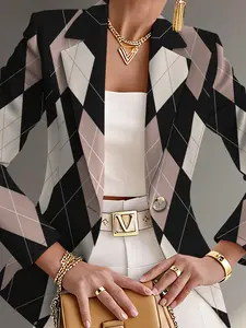 Women's Fall Outdoor Striped Plaid Geometric Print Blazer Jacket, Casual Fitted Regular Length, Digital Print, Spring & Fall