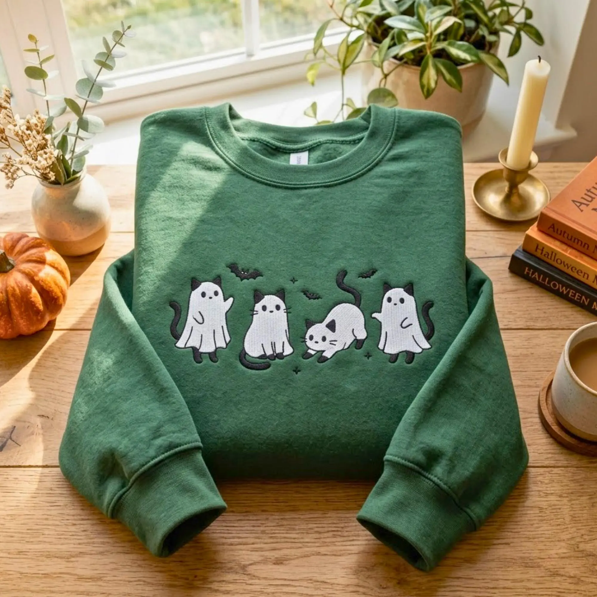 Embroidered Ghost Cat Sweatshirt: Embroidered Halloween Shirt, Halloween Ghost Cat Sweatshirt, Funny Halloween Shirt, Halloween Sweatshirt