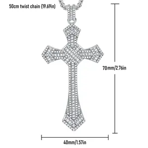 Unisex Full Moissanite Hip Hop Cross Pendant Necklace with Chain, 2.76x1.57in Fine Jewelry, Daily Wear Accessory, Ideal Gift for Christmas & Valentine's Day, Hip Hop Necklaces, Chains