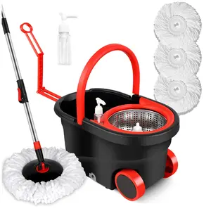 Spin Mop and Bucket,Spin Mop and Bucket with Wringer Set for Home,Stainless Steel 360 Floor Mop Bucket on Wheels,3 Microfiber Mop Replacement Heads and Adjustable Handle (Black)