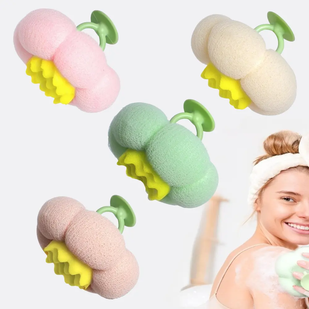4Pcs Super Soft Sunflower Suction Cup Bath Ball, Upgraded 2-in-1 Sunflower Bath Ball Exfoliating Bath Sponge Cleaning Brush, Sponge Mesh Pouf Shower Ball for Women, Men Shower