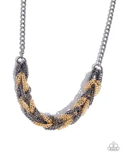 Braided Breakthrough - Black Gunmetal and Gold Chain Mixed Metal Short Necklace - Paparazzi
