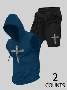 Men's Sleeveless Hoodie & Shorts Set, Sportswear Set - Cross Graphic Apparel, Athletic Casual Style, Comfortable Performance Fit, Workout & Daily Wear, Set for Faith-Inspired Fans, Gym Enthusiasts, Athletic Streetwear Collectors, Athleisure Wear Set