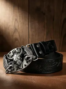 Unisex Double Eagle Bull Head Embossed Alloy Plate Buckle, paired with a 1.46in/3.7cm wide embossed round hole waist belt, Western style waist belt, Western Concho Belt, suitable for Western outdoor sports, Halloween costumes