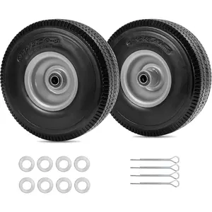 10 Inch Flat Free Tire and Wheel 2 Pack, 4.10/3.50-4 Tires with 5/8" Axle Bore Hole and 2-1/4" Offset Hub, Cart, Hand Truck, Wagon, Dolly, Cart