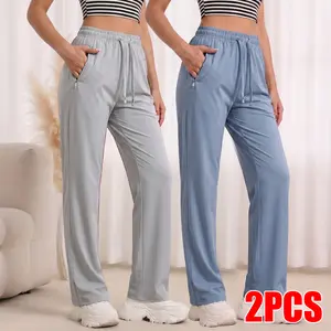 Women's 2 Pack Comfort Fit Straight Leg Pants, Elastic Waist Drawstring Pants with Zipper Pockets for Casual & Travel