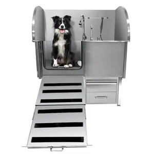 GARVEE Stainless Steel Dog Grooming Tub: Versatile Wash Station with Foldable Ramp, Storage Drawer, Floor Grate & Faucet, Available in 38" & 60" Sizes with Left or Right Door Options for Pet Care Professionals