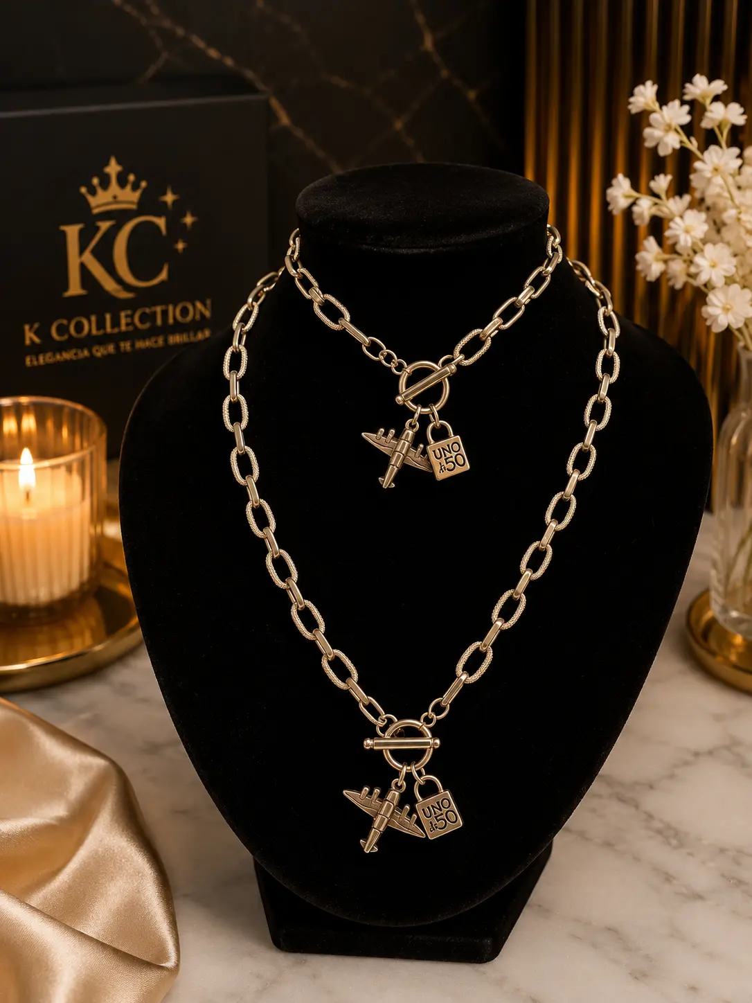 Unisex Airplane Charm Chain Set U50, Stainless Steel Link Chain Jewelry Necklaces with Lock Pendant, Stainless Steel Jewelry, Travel Wear