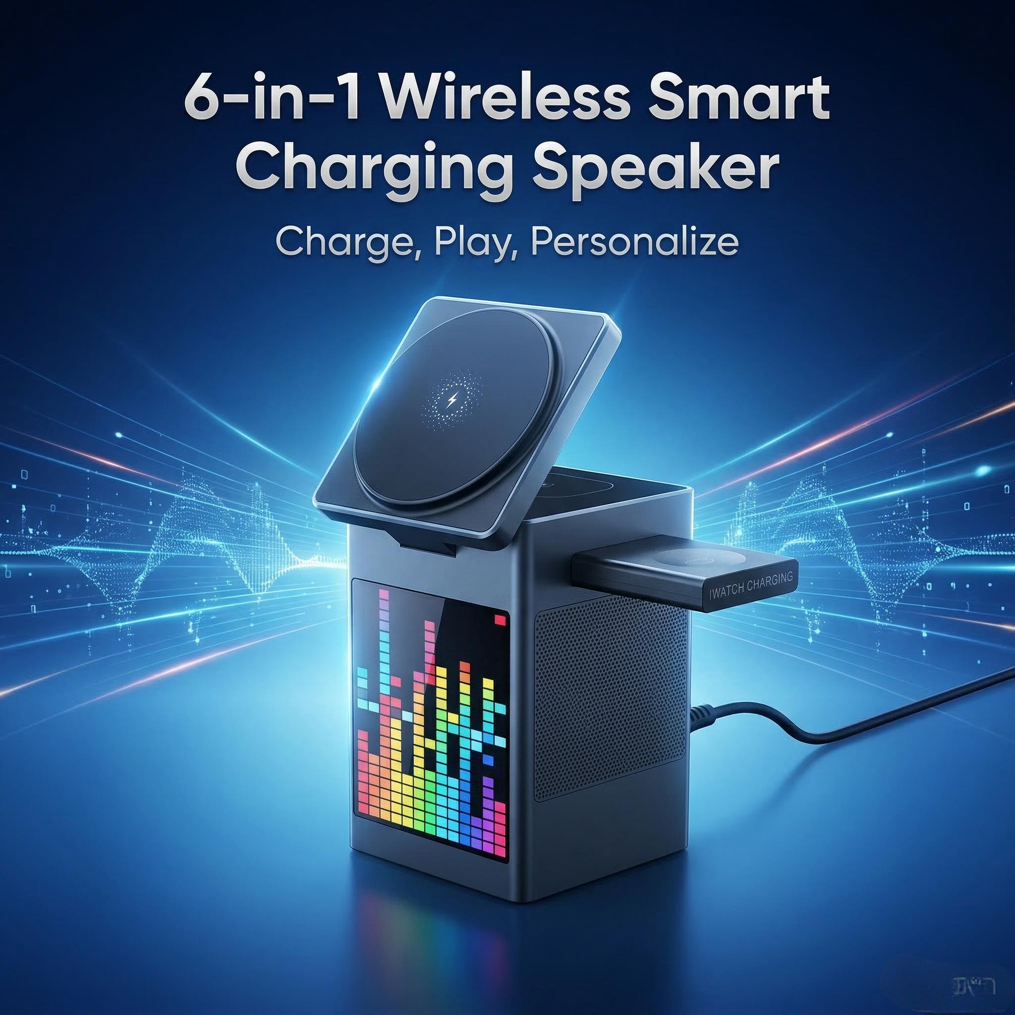 6-in-1 MagSafe-Compatible Magnetic Charger | with Clock & Pixel Display | Multi-Device Desktop Charging Station | Smart Travel Companion for March Madness, Spring Break, World Cup & Easter