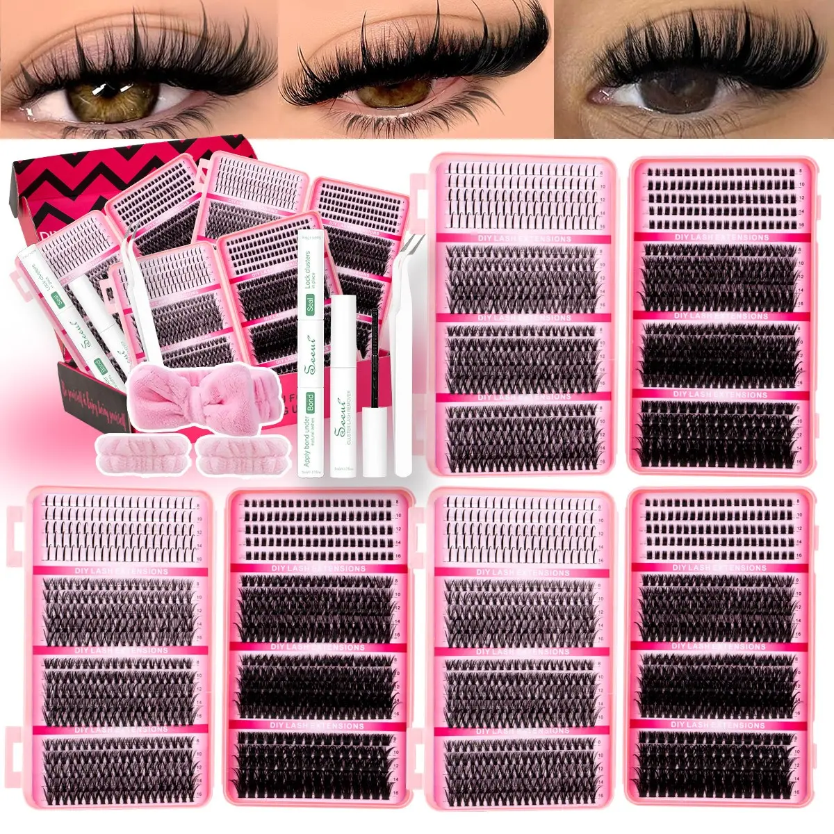 Spikes&Bottom Lash Clusters Kit, False Eyelash Cluster, Cluster Extensions, DIY Lash Clusters, Soft Lightweight, Long Lasting 48h, Includes Bond&Seal, Remove, Eyelash Tweezers, DIY Salon Charm at Home, Self-Grafting Curling Lashes, for Beginners