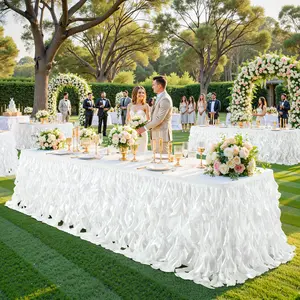 Polyester Rectangle Sparkling White Sequin Tutu Table Skirt, Double-Layered Solid Ruffle Table Skirting, Glam Decoration for Christmas, Birthday Parties