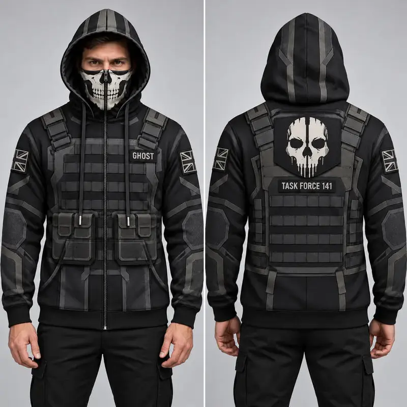 Ghost Task Force 141 Skull Zip Up Hoodie LN, Tactical Military Graphic Full Zip Hooded Sweatshirt, Multiple Character Styles, High Collar Mask Hoodie, Gaming Inspired Streetwear, Gamer Gift