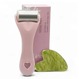 2PCS Ice Roller for Face & Natural Stone Gua Sha – Stainless Steel Face Ice Roller to Reduce Puffiness, Redness & Headaches – Cooling Facial Roller for Skin Care, Irritation Relief & Spa-Like Experience at Home Facial Care Tool