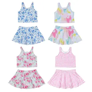 Girls' Trendy Floral Crop Skirt Athletic Set - Sporty Style Clothes, Kids' Clothes for Active Use