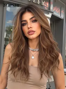 22 Inch Long Brown Wavy Wigs for Women, Gorgeous Fluffy Wigs without Bangs, Synthetic Lace Frontal Wigs for Party, Daily Use