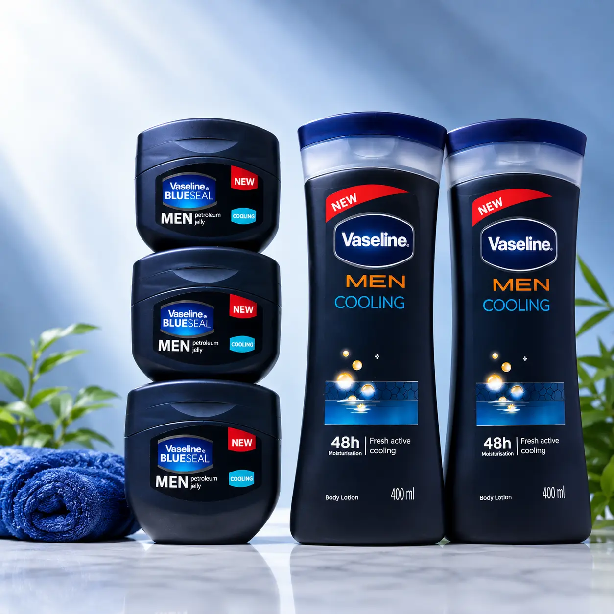 Vaseline Men’s Cooling Lotion & BlueSeal Petroleum Jelly Body Care Set - 2 Packs of 400ML Lotion, 3 Pack 100ML Jelly, Skin Repair