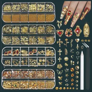 4 Box Set Nail Art Rhinestones, Pearl & Decorative Accessories, 3D Cross & Heart Stickers, DIY Nail Design Kit