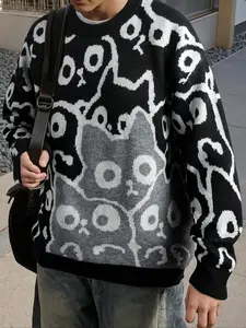 Autumn Winter Cat Pattern Jacquard Knit Sweater, Casual Vintage Long Sleeve Pullover, Round Neck Top for Women & Men
