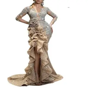 NewWomen'sSexyGoldLong-sleevedPartyDressTailSkirtFabricFormalweddingdressshopping