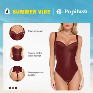 【Runs Small】Popilush Basic Faux Leather Corset Top Supportive Shapewear Bodysuit Lingerie Lace Trim Tummy Control Bustier Sleeveless Womenswear 【Runs Small】Popilush Basic Faux Leather Corset Top Supportive Shapewear Bodysuit Lingerie Lace Trim Tummy Control Bustier Sleeveless Womenswear