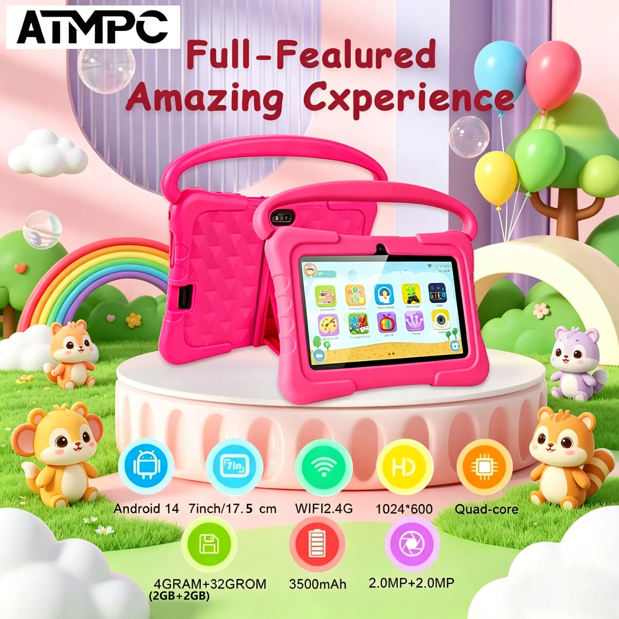7-Inch Kids Learning Tablet, Android 14 Quad-Core Tablet with 2GB RAM + 32GB ROM, 1024×600 Display, Dual Cameras, Wi‑Fi 6, Bluetooth and Parental Control