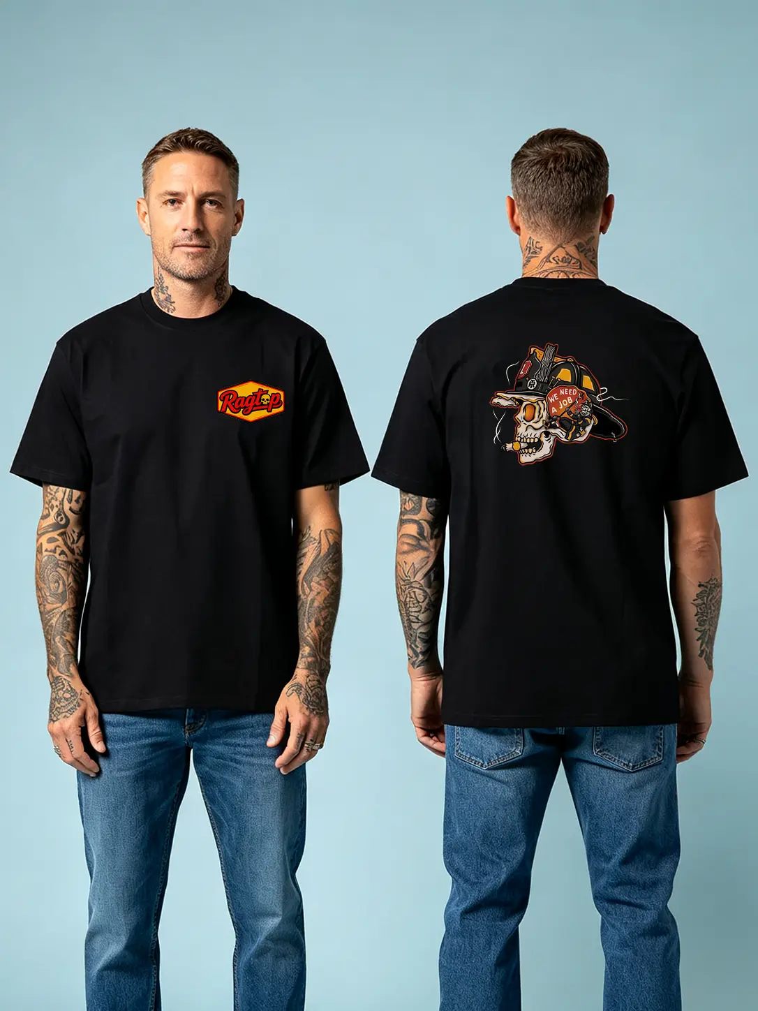 100% Cotton - Ragtop Firefighter T-Shirt, We Need A Job Skull Firefighter Graphic T-Shirt Vintage Helmet Streetwear Tee for Men ,t shirt for men graphic tee