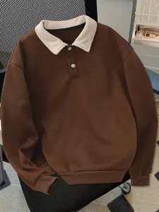 Unisex Casual Polo Neck Sweatshirt, Solid Color Long Sleeve Top, Loose Fit Warm Fashion Streetwear for Fall & Winter