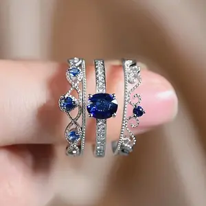 RING4U - Huitan Unique Design 3Pcs Set Rings Women with Blue Cubic Zirconia Luxury Crown Wedding Accessories for Female Fashion Jewelry