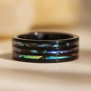 Black Tungsten Ring with Abalone Shell Inlays - 8MM