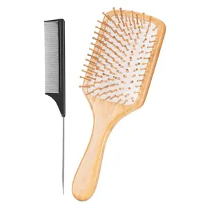 Wooden Hair Brush, 1 Set Natural Wooden Comb and Tail Comb, Paddle Hairbrush for Women Men and Kids, Massage Scalp, Make Thin Long Curly Hair Health