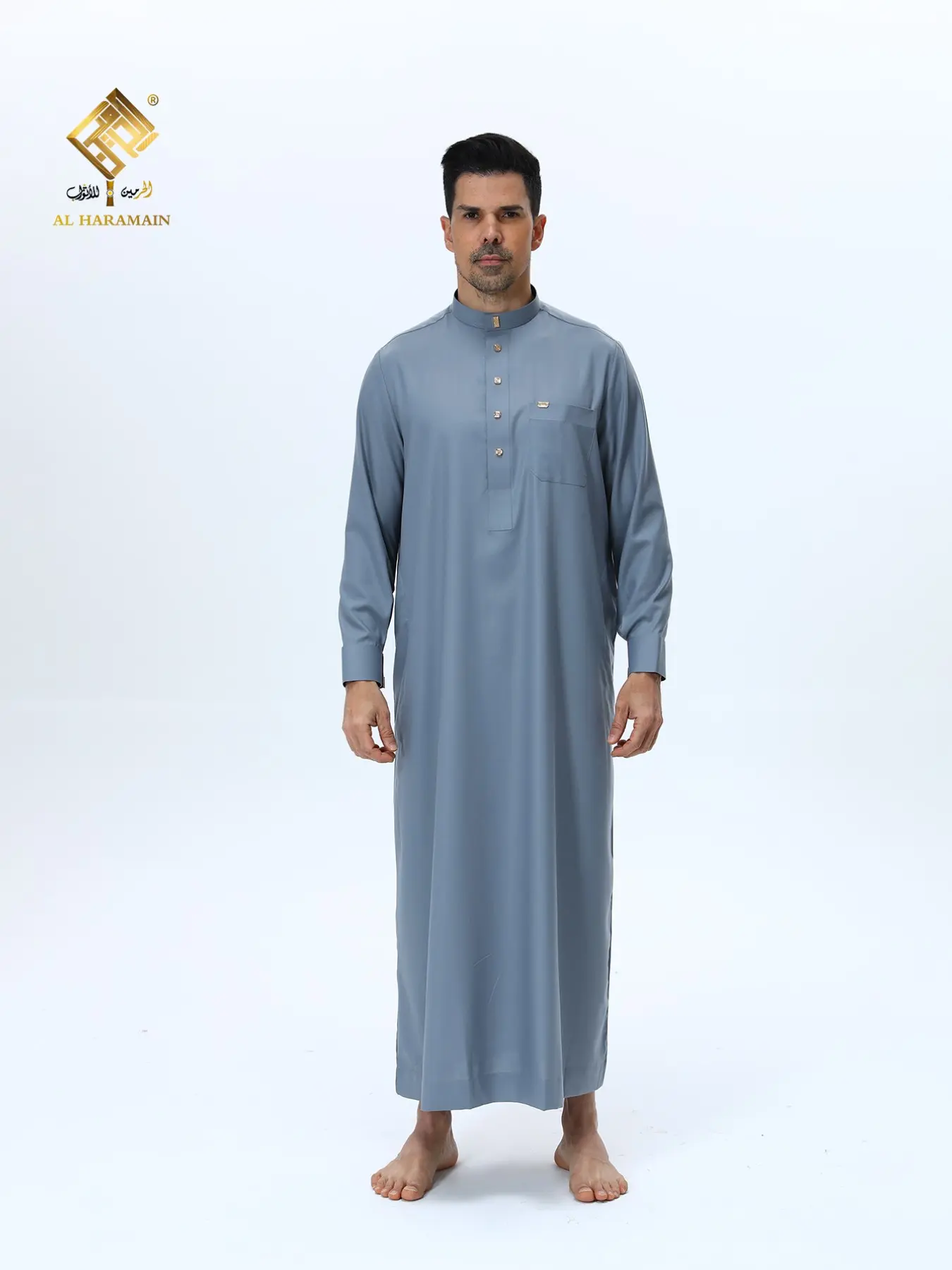 Men's Fashionable Stand Collar Authentic Saudi Thobe Jubbah, Loose Fit Muslim Prayer Clothing, Traditional Arabic Robe, Breathable High-Quality Fabric, Metal Button Decor