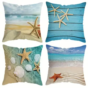 4pcs/set Throw Pillow Covers Starfish and Seashell Summer Blue Ocean Beach in Sea Water Time Caribbean Decor Polyester Pillow Cases Home Decorative Square 17.7x17.7 Inches Pillowcases, Single-side Design, (Pillow Not Included)