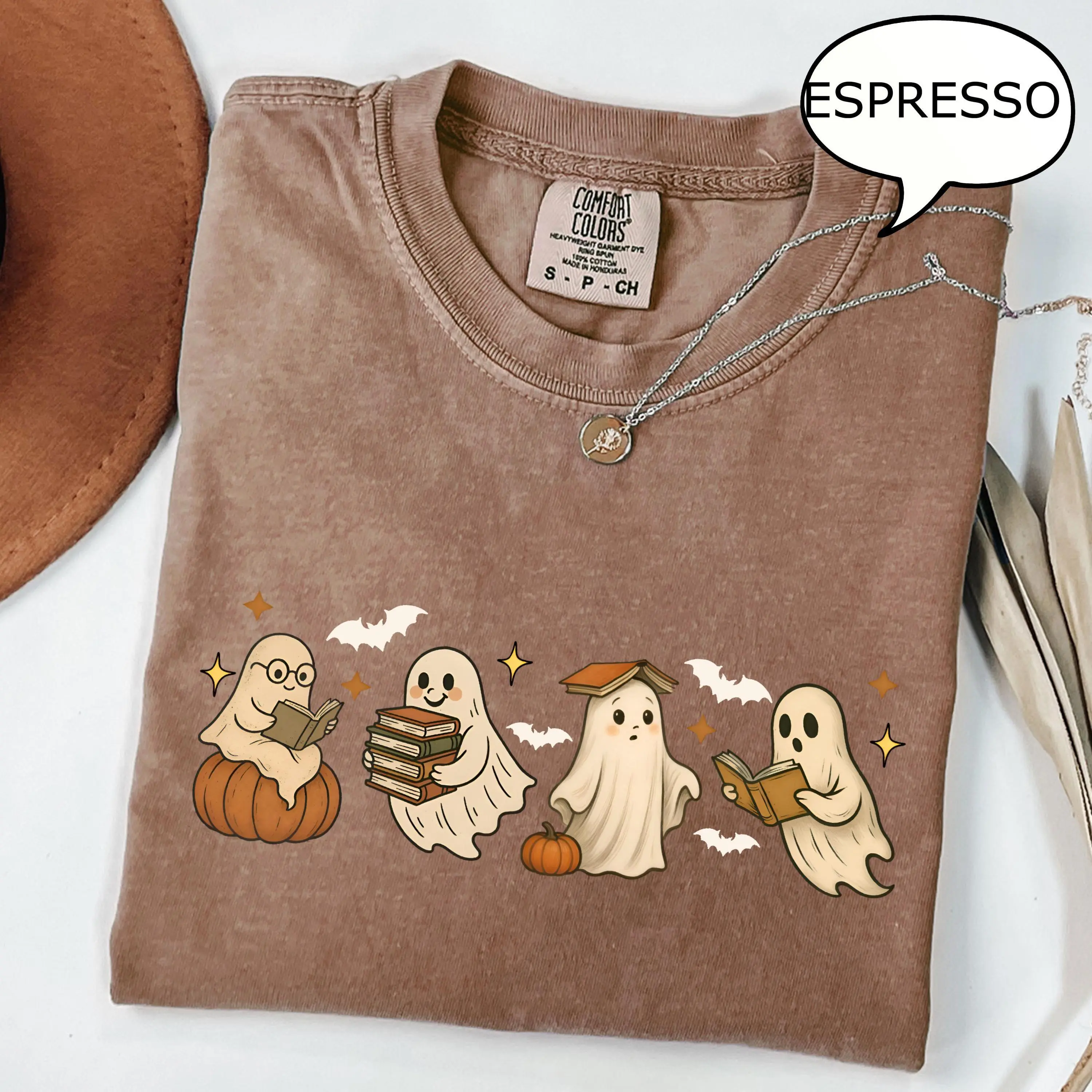 Comfort Colors Ghost Reading Book T-shirt Halloween Ghost Shirt Book Lover Gift Teacher Halloween Shirt Cute Ghost And Book Shirt