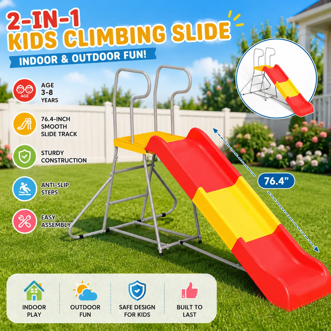 2-in-1 Kids Outdoor Play Set with Climbing Steps & 76.4" Toddler Baby Slide for Backyard Fun, Indoor & Outdoor Playground Equipment Ages 3-8, Swingset Project Builder